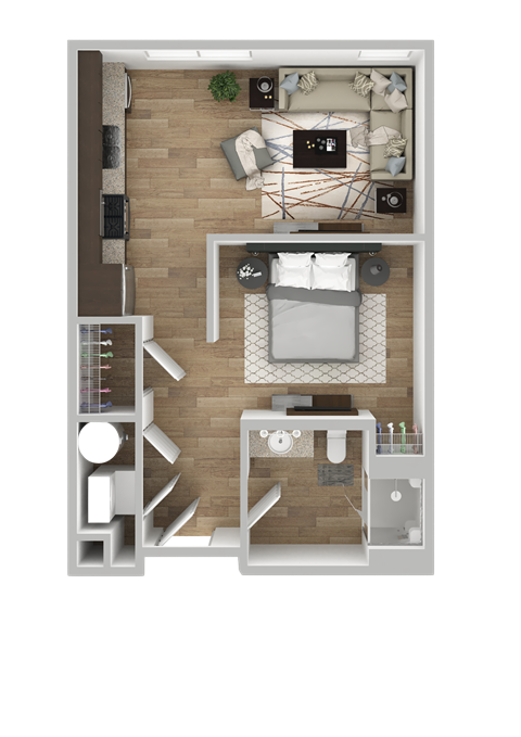 Floor plan for 1 bed, 1 bath, 582 sqft